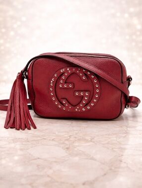 Authentic Gucci Soho Disco Crossbody Bag Burgundy Red Leather | Studded GG Logo